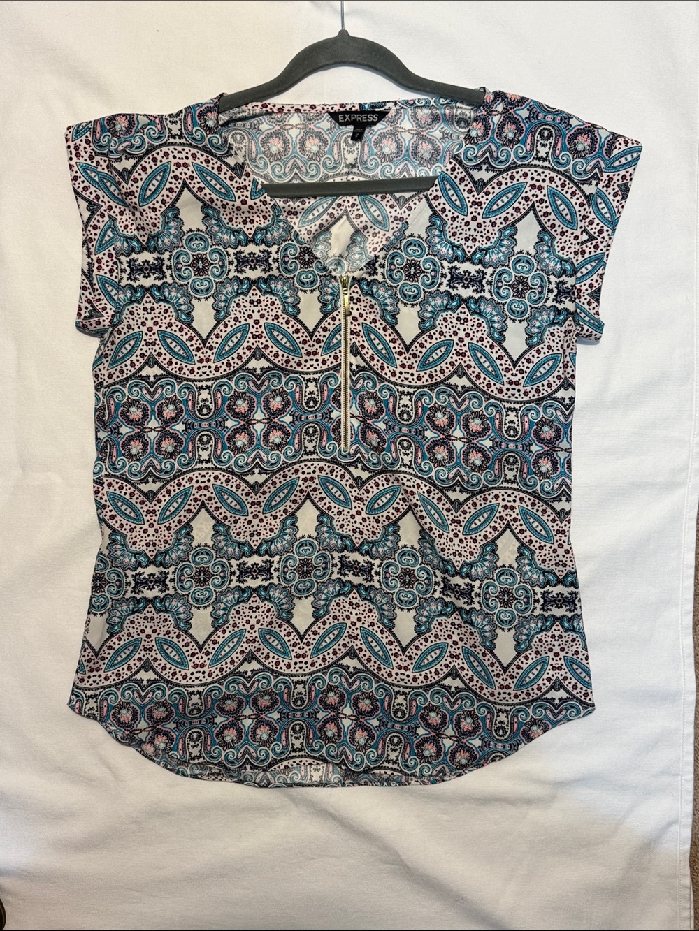 Express Teal, Cream & Black Paisley Flutter Sleeve Blouse